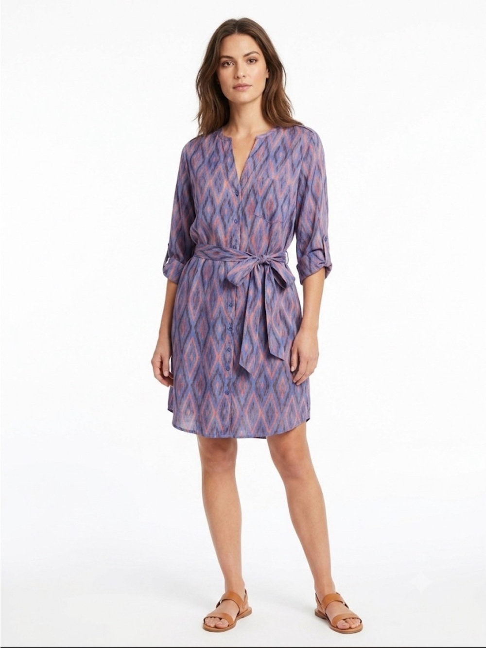 Collective Concepts Ikat Shirt Dress Size L Blue Coral Tie Waist Roll Sleeve